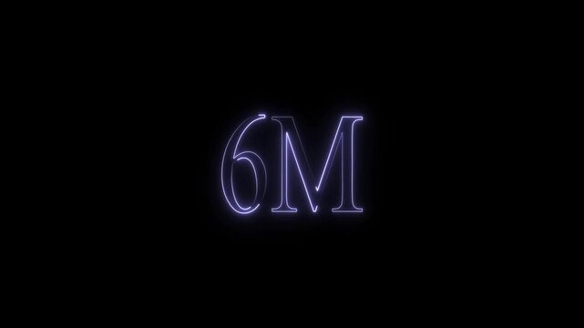 "Glowing blue and purple neon 6M text animation on a dark black background for social media milestones, 6 million followers celebration, and digital achievement concepts."