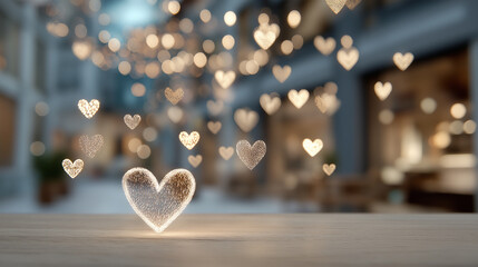 A magical scene with glowing hearts drifting above a wooden table, creating a warm and romantic atmosphere in a softly lit setting.