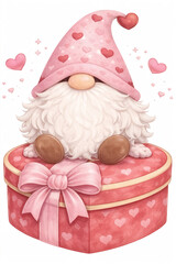 Gnome sitting on heart gift box, watercolor illustration, isolated on white background