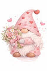 Romantic gnome presenting a flower bouquet, watercolor style, isolated on white background
