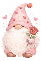 Valentine gnome with rose in hand, watercolor illustration, isolated on white background