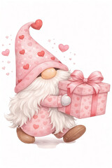 Gnome delivering Valentine gift, watercolor style, isolated on white background