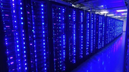 A vivid capture of a data center with glowing servers stacked in rows each emitting soft blue lights as they process realtime information.