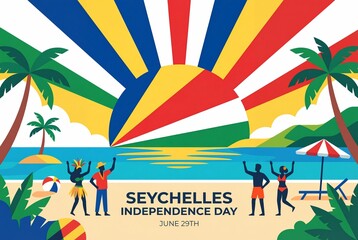Seychelles Independence Day celebration on a vibrant beach with festive atmosphere.