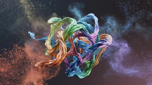 Abstract footage of AI-driven digital paint strokes forming colorful artwork in mid-air. Smooth flowing animation and vibrant colors represent creativity artificial intelligence and modern digital art