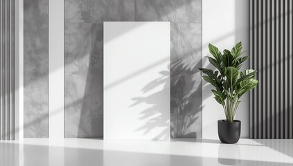 Modern panel with plant in an office room. Minimalist black frame mockup on white background for the design of advertisements. Square frame against a wall. 