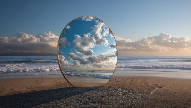 A large convex mirror reflecting a serene beach scene with clouds and blue sky.