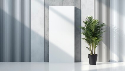 Modern panel with plant in an office room. Minimalist black frame mockup on white background for the design of advertisements. Square frame against a wall. 