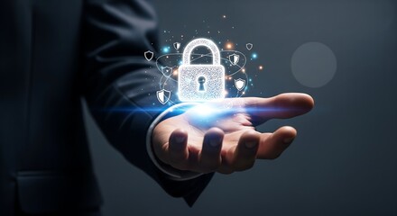 Personal data protection on cloud system with padlock and digital shield symbol on business hand