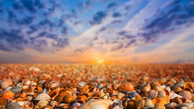 sea coast covered by empty marine shells at the sunset, sea natural time lapse scene