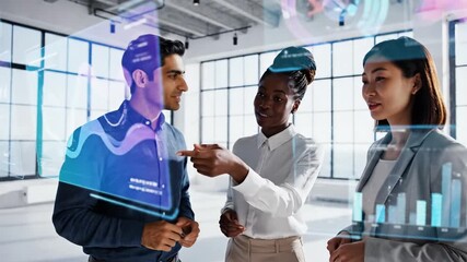 Diverse professionals collaborating remotely in a modern minimalist workspace with subtle holographic interface natural light and cinematic motion illustrating digital teamwork and future work culture - Powered by Adobe