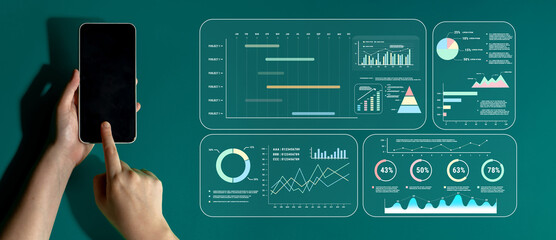 A project management dashboard with business performance analytics. A visualization of project timelines, KPIs, and company data for strategic review. Motif