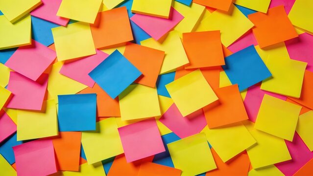 Bright neon colorful adhesive square notes are scattered forming a vibrant full frame background texture representing communication and planning