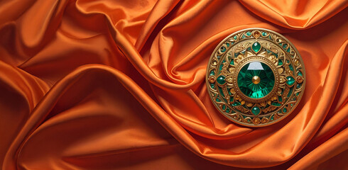 Antique gold medallion featuring large green crystal on wavy orange satin fabric. Premium jewelry background concept for wealth and royalty themes.
