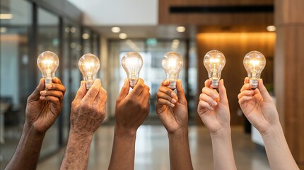 Diverse hands holding six illuminated lightbulbs raised high in a modern office hallway symbolizing innovation, diversity, and collaborative ideas