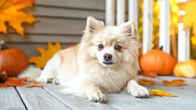 Autumn Pomeranian Portrait: A fluffy Pomeranian dog finds a cozy spot on a porch adorned with pumpkins and fallen leaves, basking in the warm glow of autumn.