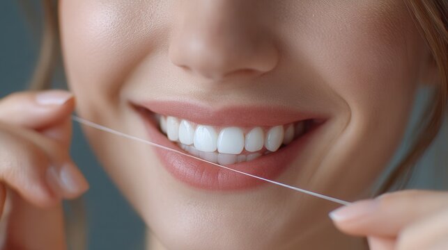 woman flossing teeth closeup