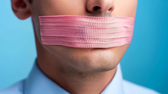 Muzzled Expression: A man's mouth is sealed with pink tape, symbolizing silence, censorship, or suppressed speech, emphasizing the absence of verbal expression and the constraints of restriction.