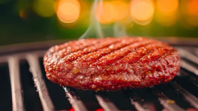 Savory Grill: Close-up of a perfectly grilled beef patty with char marks on a barbecue grill, capturing the essence of a delicious outdoor meal.
