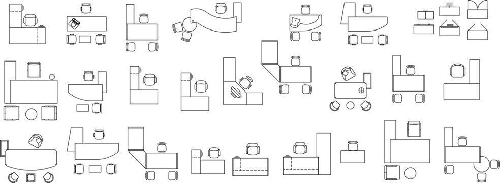 A comprehensive collection of technical vector symbols for modern office desks and workstations in top view, featuring various L-shaped, curved, and rectangular layouts with office chairs.