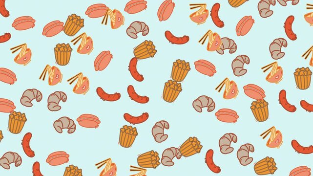 Seamless pattern featuring assorted food and drinks in an outline style, perfect for backgrounds, textiles, or design elements.