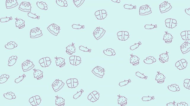 Seamless pattern with handdrawn food snack and drink illustration in outline style in beige background. Perfect for textile, wallpaper, backdrop, and many more.