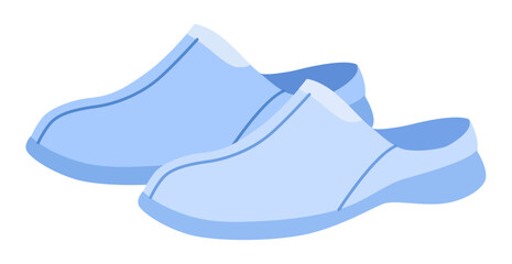 Blue clog sandal shoe women flat pair. Closed toe rubber sandal for garden walk hotel spa. Technical fashion illustration CAD mockup soft vector man unisex isolated contemporary style.