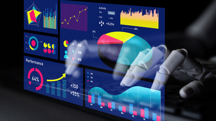 A sleek digital interface displaying various graphs and charts with hands interacting, showcasing data analysis and performance metrics in a modern business environment. Impute