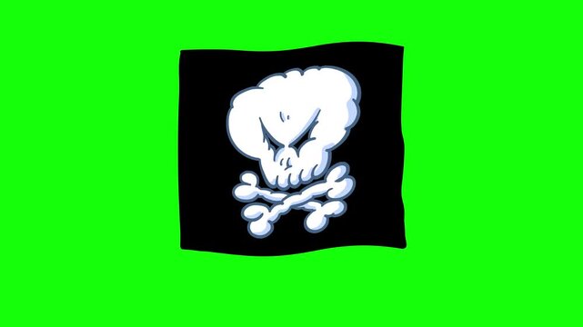 Jolly roger skull shape waving flag greenbox. Cartoon comic style symbol on green background.