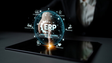 ERP platform visual showing centralized system for enterprise resource planning, improving integration, data flow, business efficiency, finance, inventory, and human resources. Spline