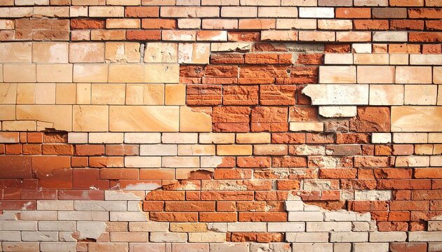 Weathered brick wall texture with damage and exposed elements