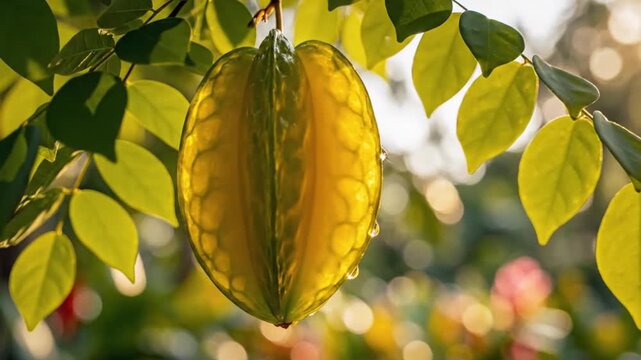 A ripe starfruit hanging from a tree branch surrounded by green leaves in a sunny garden