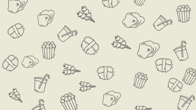 Seamless repeatable pattern featuring a variety of food icons, including sushi, popcorn, drink, bread and dango. These minimalist illustrations are perfect for backgrounds, packaging design, or adding