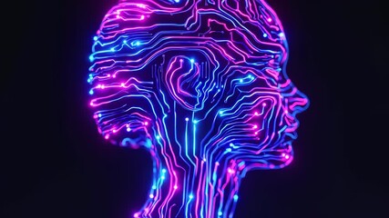 futuristic depiction of artificial intelligence with neon light circuit patterns forming a human head, digital mind innovation concept - Powered by Adobe