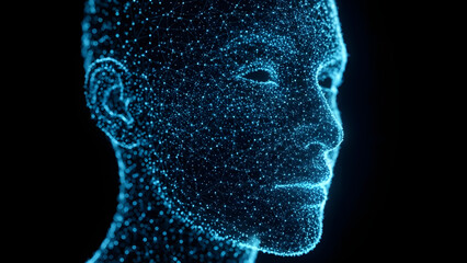 Digital Human Head Made of Blue Particles on a Black Background, Representing Artificial Intelligence and Technology
