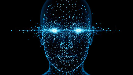 Digital Human Face Composed of Glowing Blue Particles with Intense Glowing Eyes on a Dark Background