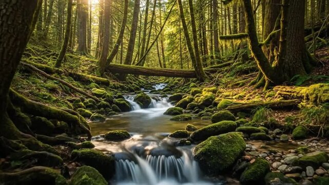 Lush forest stream flowing over mossy rocks, dappled sunlight filtering through trees