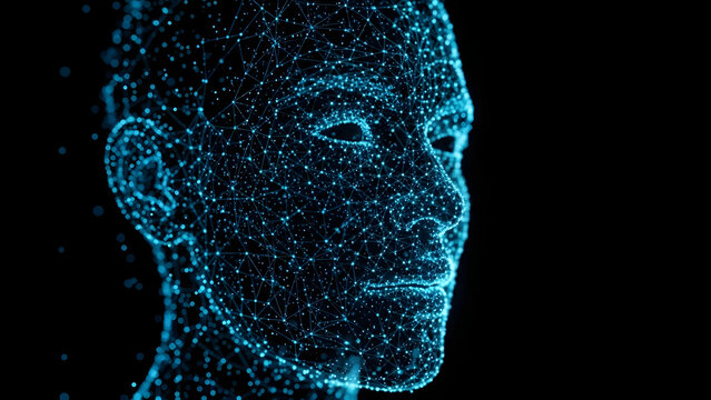 Futuristic digital human profile rendered as a vibrant network of glowing blue data points, illustrating artificial intelligence, digital identity, and advanced technology - Powered by Adobe