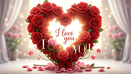 Rose Heart with I Love You Romantic Background, rose heart, red roses, heart shape, i love you, romantic message, love symbol, valentine’s day,