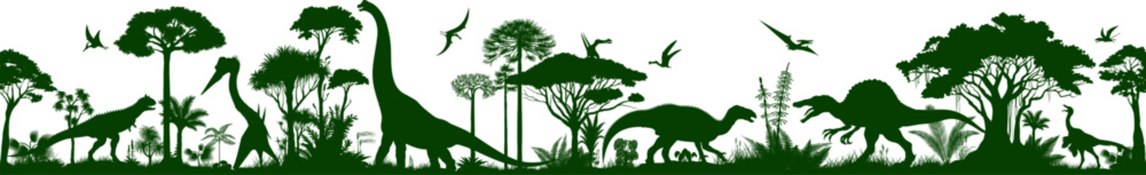 Vector seamless silhouette panorama with Brachiosaurus, quetzalcoatlus, carnotaurus, iguanodon, spinosaurus, gallimimus and pterosaurus in jungle