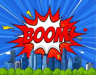 A cityscape silhouetted against a burst. Above, a red explosion cloud with white outline says "BOOM!" and flashes from the sky