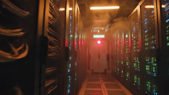 Operating a dimly lit data hall scene with rows of illuminated server racks