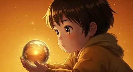 Naklejka premium Enchanting Gaze: A captivating illustration of a young child holding a radiant orb, filled with the warmth and wonder, gazing with curiosity and fascination.