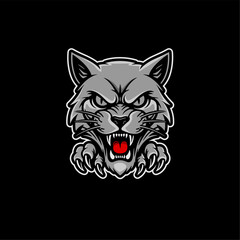 Fierce Grey Cat Mascot Logo Illustration, Snarling Feline Head with Claws and Teeth Vector for Sports Teams or Gaming