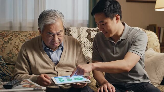 Using a tablet for a simple digital checkup at home in a comfortable living room