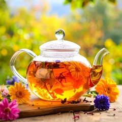 Clear glass teapot filled with herbal tea and flowers; blurred backdrop