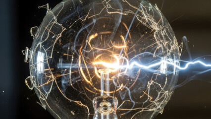 Closeup of a glowing incandescent light bulb with electrical arcs.