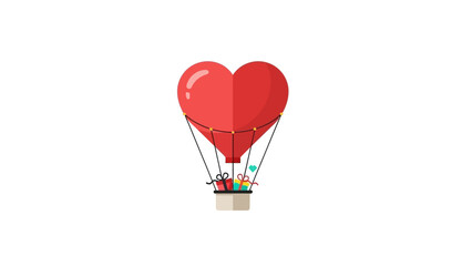 Heart shaped hot air balloon flying with colorful gifts inside basket