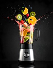 Colorful smoothie ingredients exploding from blender with splash