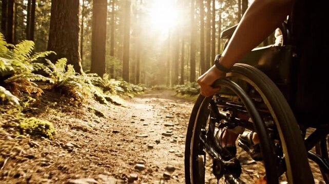 Person in wheelchair moving along a forest trail at sunrise, symbolizing accessibility, inclusion, freedom, and determination. Inspirational outdoor lifestyle and disability awareness concept.